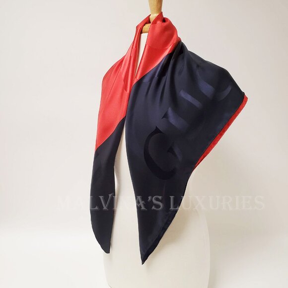 GUCCI SCARF BLUE RED WEB GG LOGO PRINT JACQUARD SILK TWILL FOULARD 35" - Picture 6 of 16